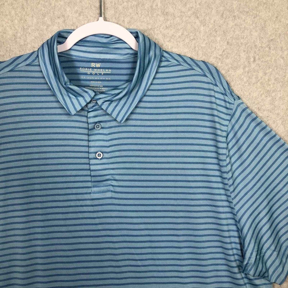 Rorie Whelan Polo Golf Shirt XL Blue Striped Performance UPF Dry Wicking Active